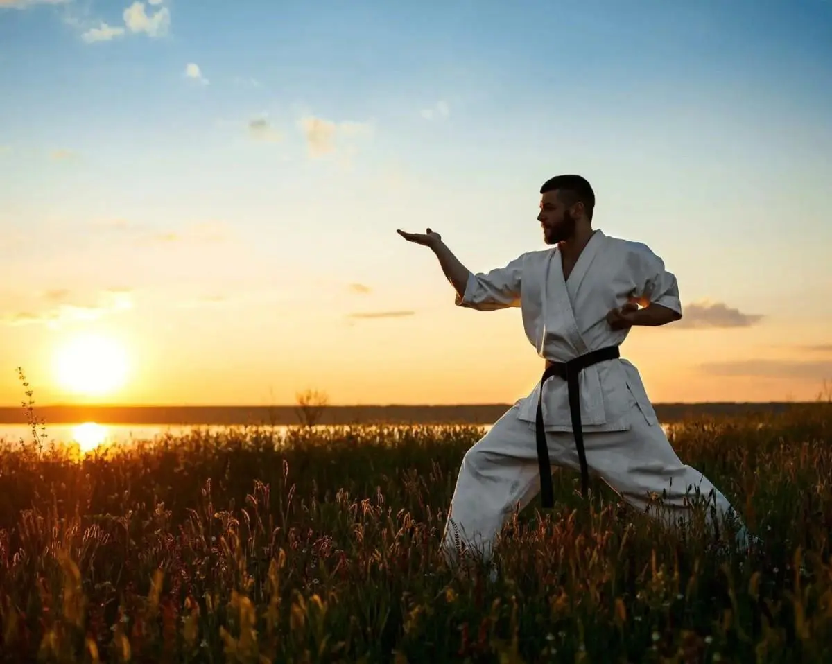 Karate practitioner performing a kata stance outdoors at sunset