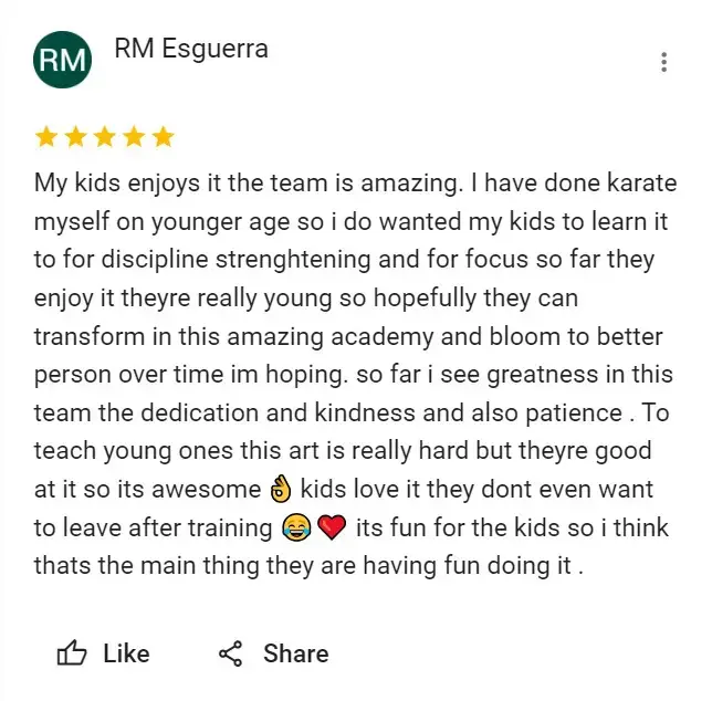 positive review stating how well our martial arts classes are