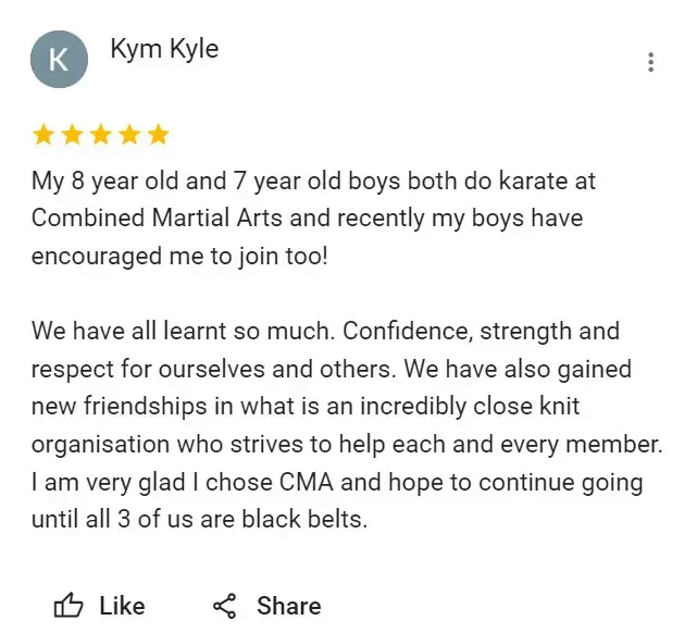positive review from parents saying how our martial arts school help their child